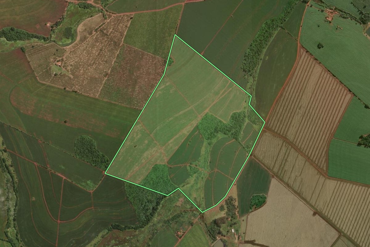 Imagem de satélite do imóvel rural em Bernardino de Campos (SP), com o contorno declarado no CAR desenhado por cima.