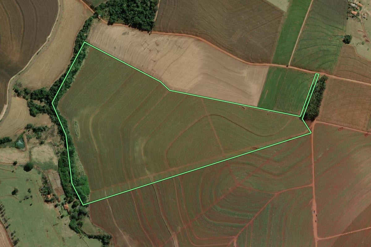 Imagem de satélite do imóvel rural em Bernardino de Campos (SP), com o contorno declarado no CAR desenhado por cima.
