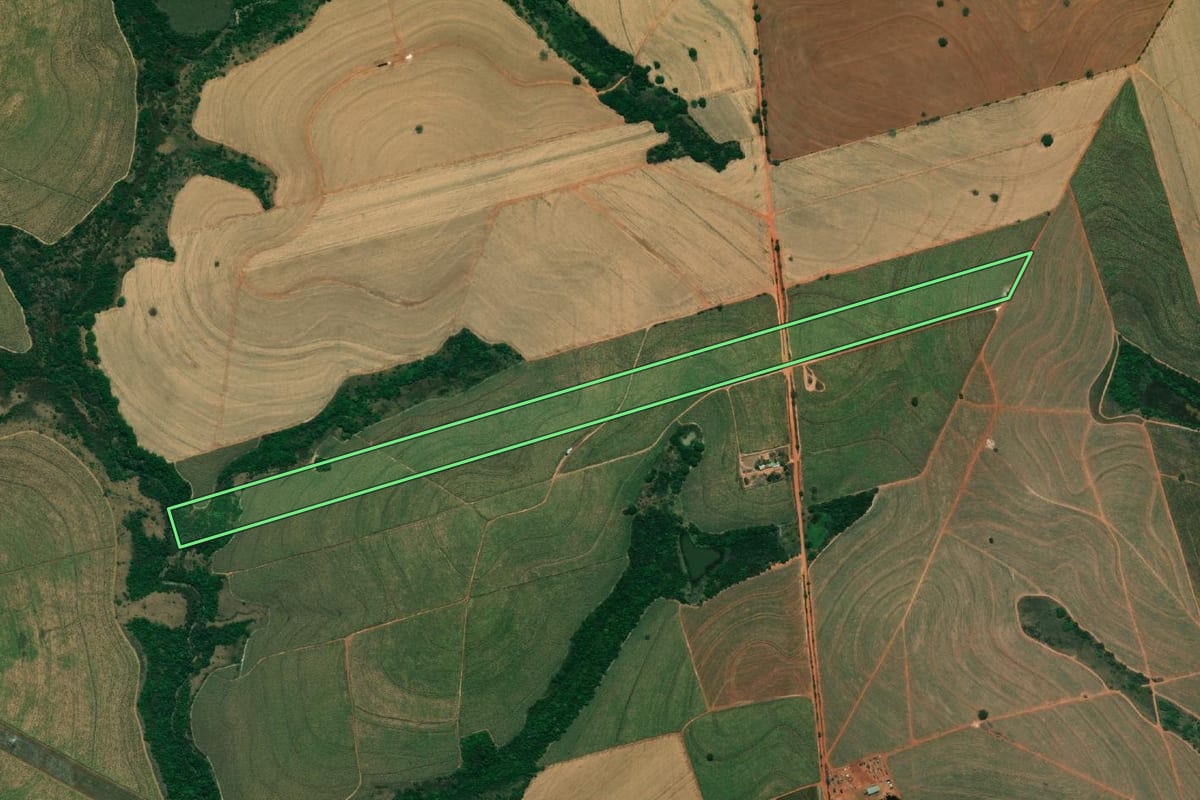 Imagem de satélite do imóvel rural em Bilac (SP), com o contorno declarado no CAR desenhado por cima.