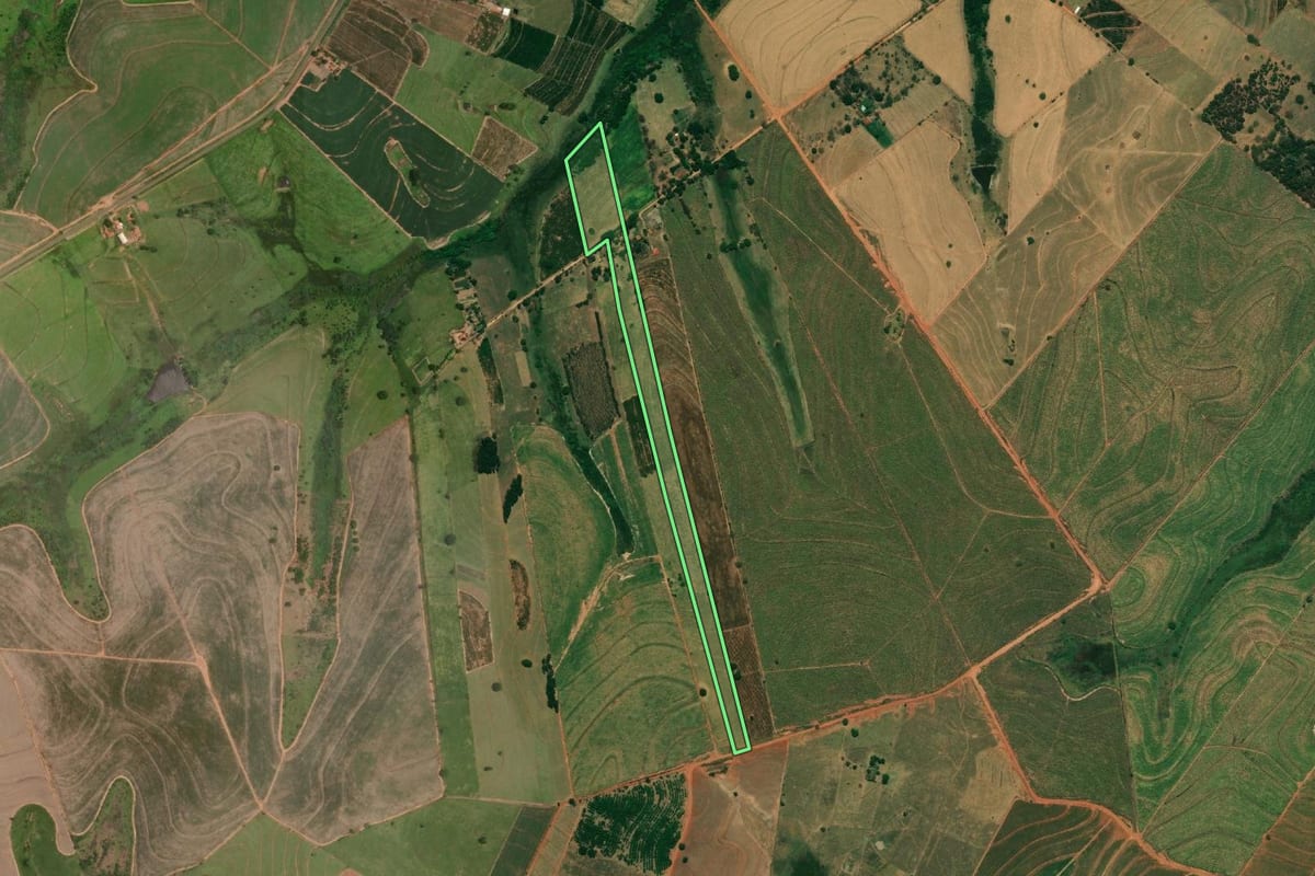 Imagem de satélite do imóvel rural em Bilac (SP), com o contorno declarado no CAR desenhado por cima.