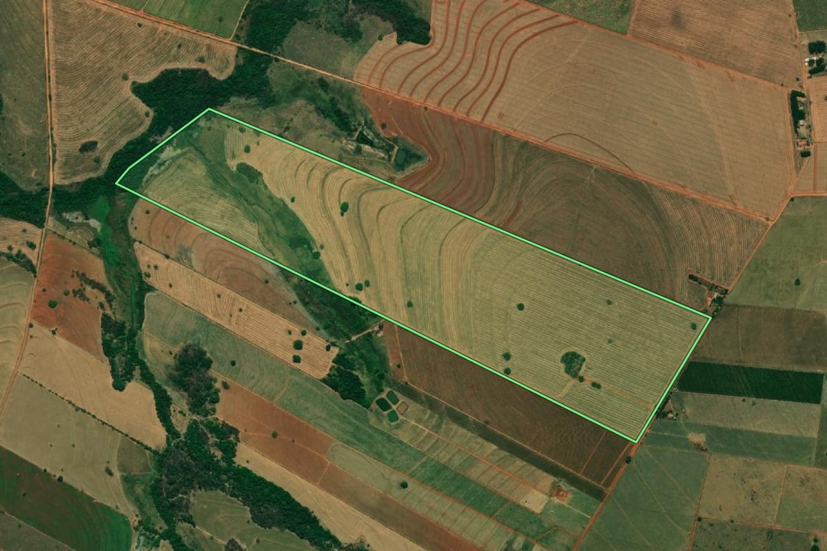 Imagem de satélite do imóvel rural em Bilac (SP), com o contorno declarado no CAR desenhado por cima.