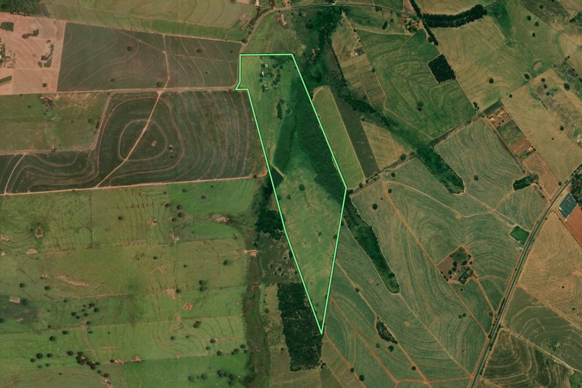 Imagem de satélite do imóvel rural em Bilac (SP), com o contorno declarado no CAR desenhado por cima.