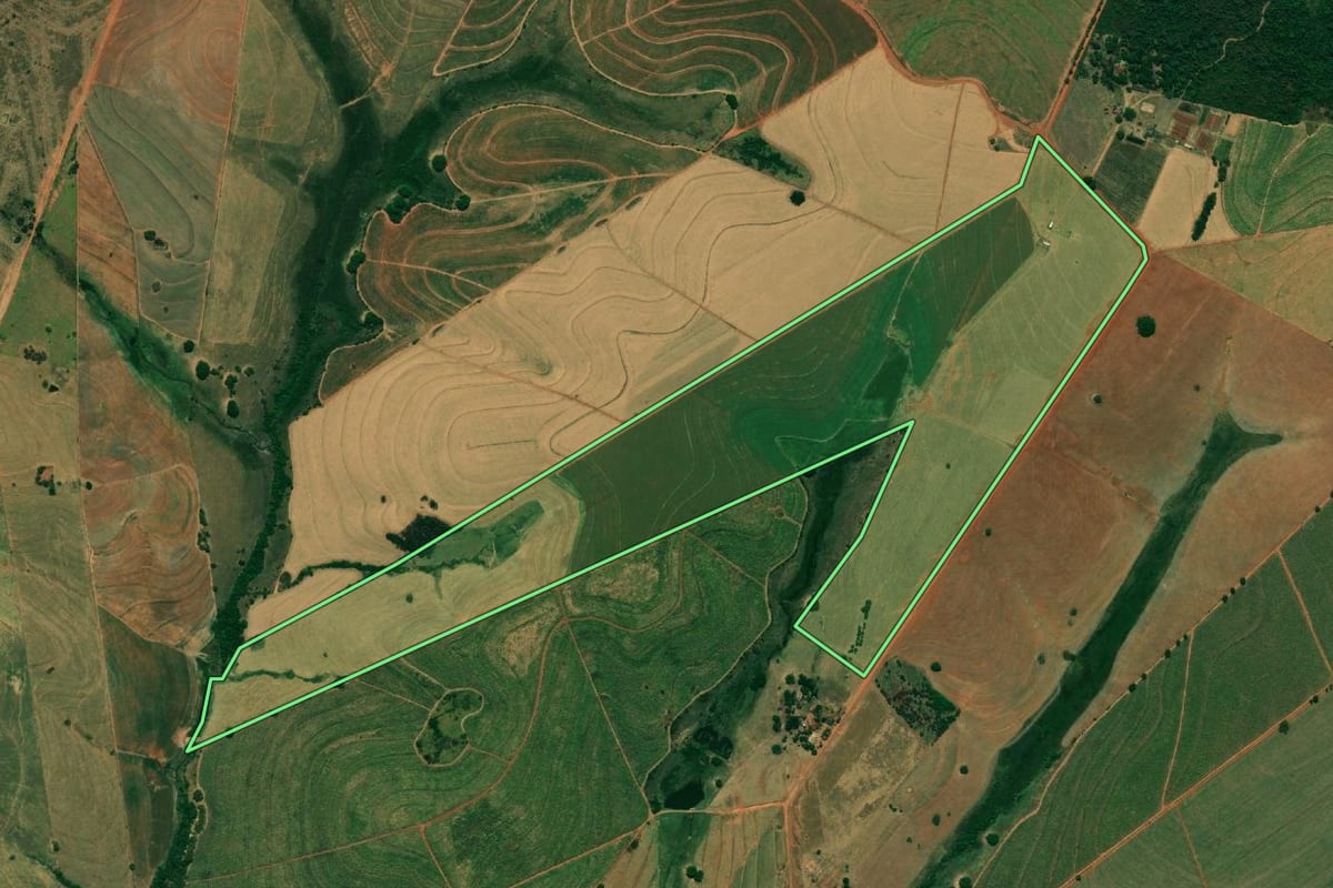 Imagem de satélite do imóvel rural em Bilac (SP), com o contorno declarado no CAR desenhado por cima.