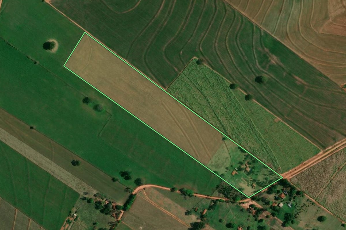 Imagem de satélite do imóvel rural em Birigui (SP), com o contorno declarado no CAR desenhado por cima.