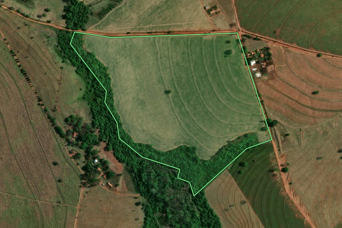 Imagem de satélite do imóvel rural em Birigui (SP), com o contorno declarado no CAR desenhado por cima.