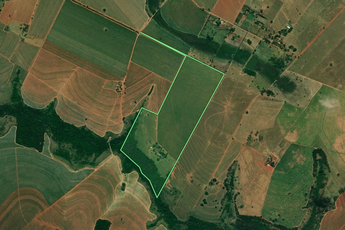 Imagem de satélite do imóvel rural em Birigui (SP), com o contorno declarado no CAR desenhado por cima.