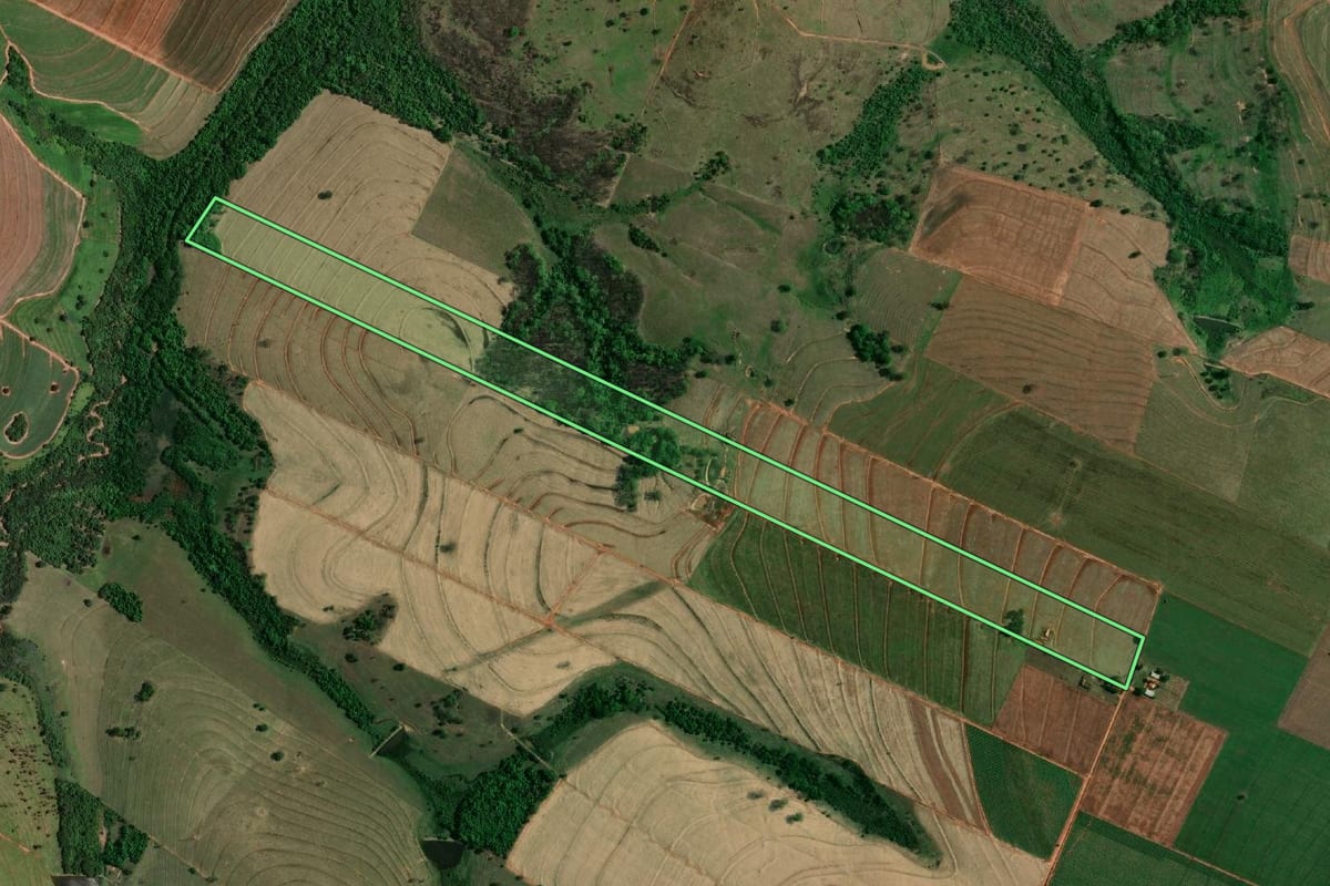 Imagem de satélite do imóvel rural em Birigui (SP), com o contorno declarado no CAR desenhado por cima.