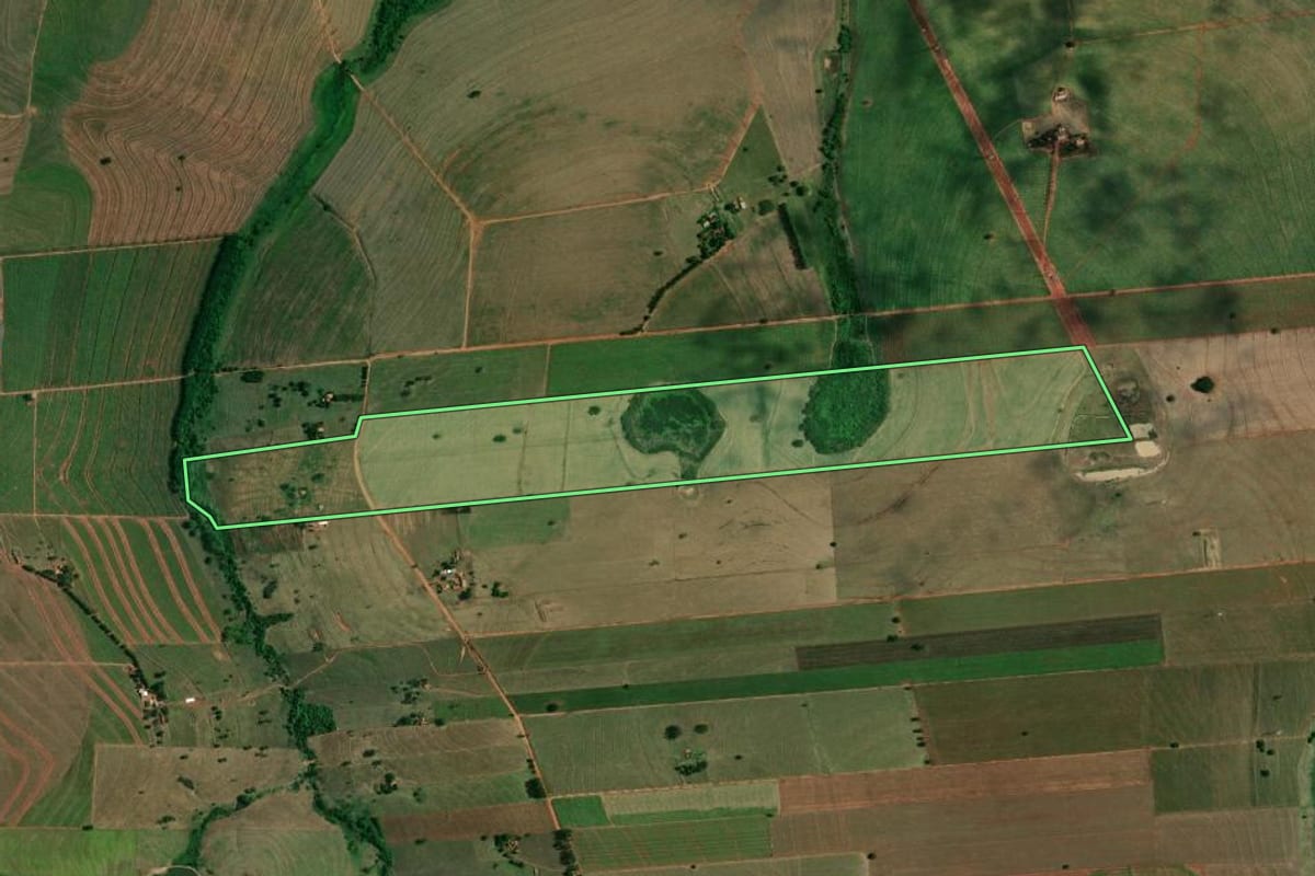 Imagem de satélite do imóvel rural em Birigui (SP), com o contorno declarado no CAR desenhado por cima.