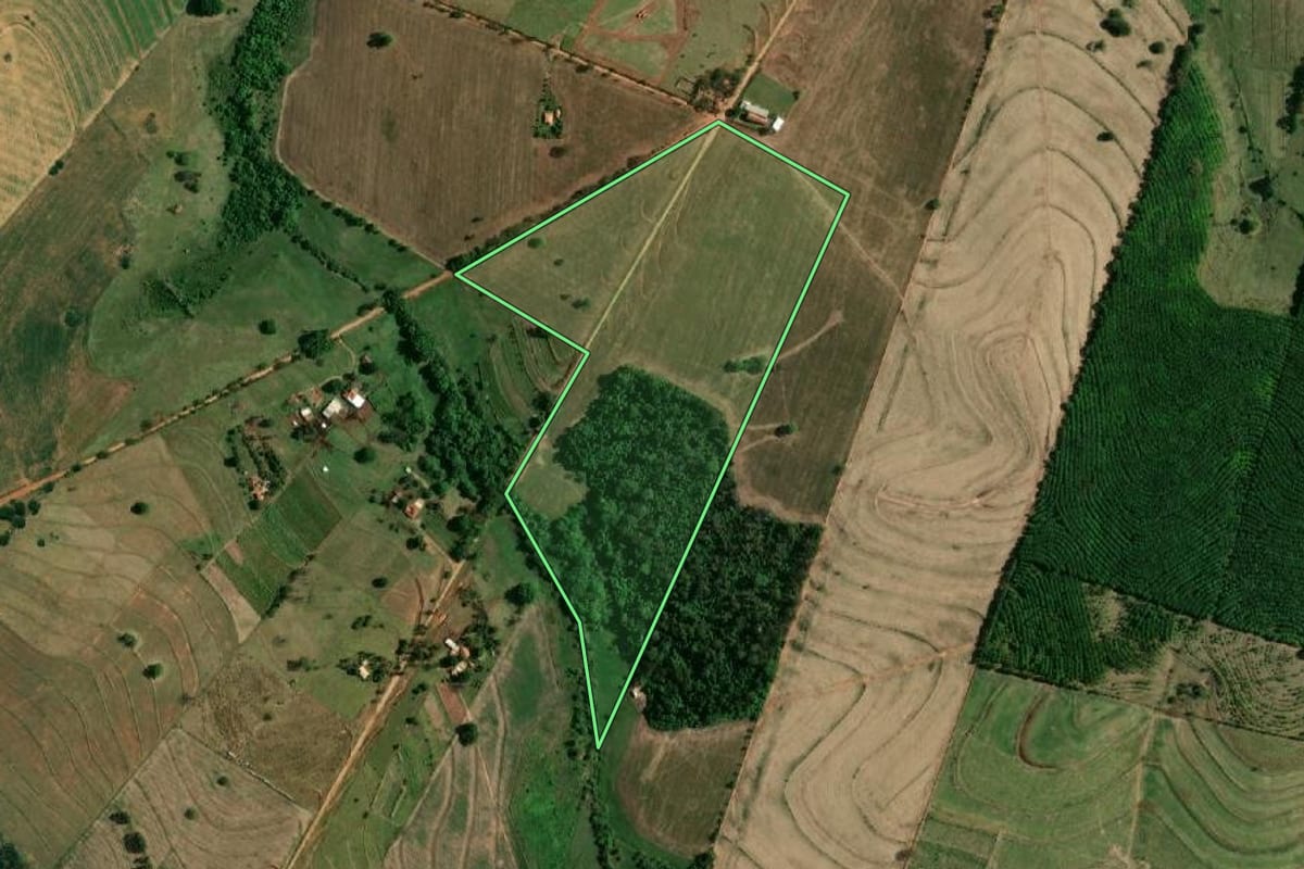 Imagem de satélite do imóvel rural em Birigui (SP), com o contorno declarado no CAR desenhado por cima.