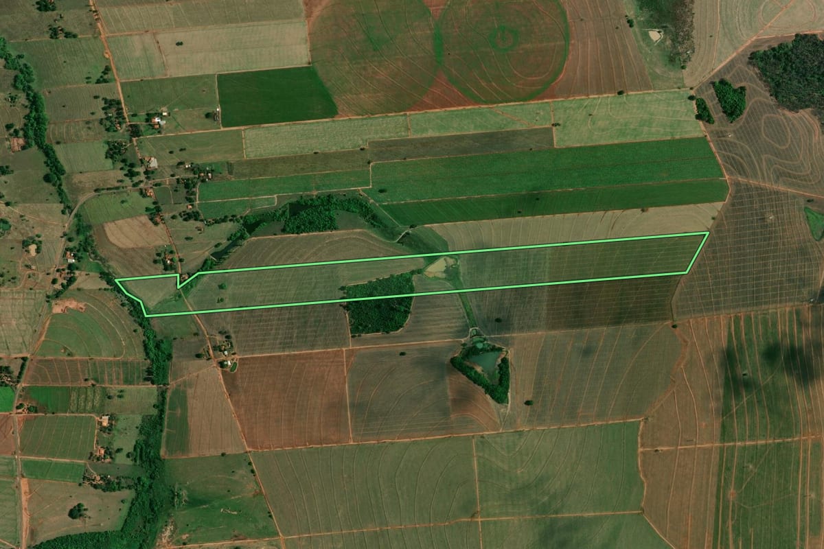 Imagem de satélite do imóvel rural em Birigui (SP), com o contorno declarado no CAR desenhado por cima.