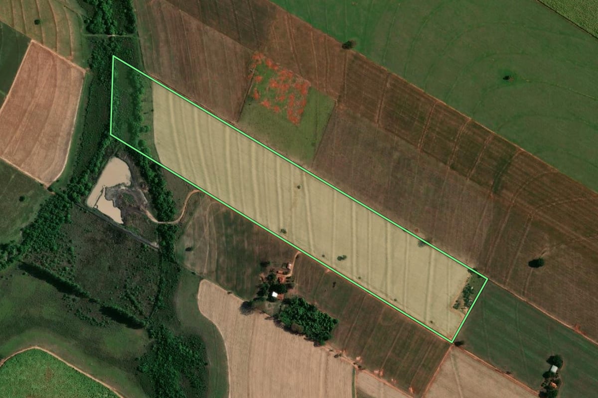 Imagem de satélite do imóvel rural em Birigui (SP), com o contorno declarado no CAR desenhado por cima.