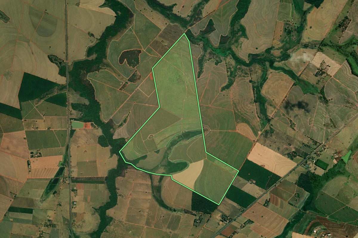 Imagem de satélite do imóvel rural em Birigui (SP), com o contorno declarado no CAR desenhado por cima.