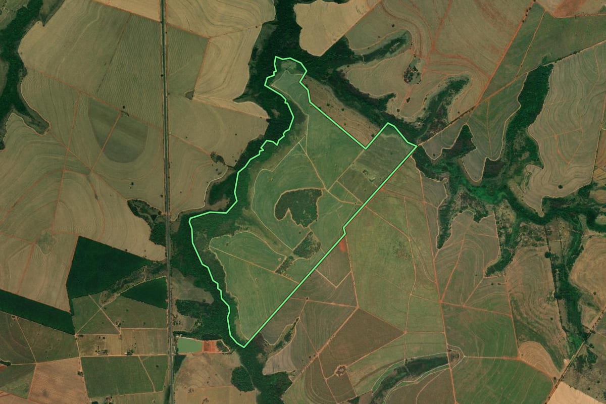 Imagem de satélite do imóvel rural em Birigui (SP), com o contorno declarado no CAR desenhado por cima.