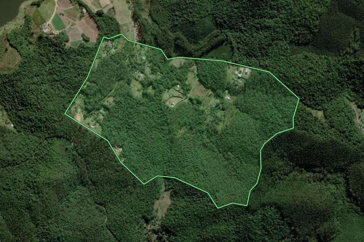 Imagem de satélite do imóvel rural em Biritiba Mirim (SP), com o contorno declarado no CAR desenhado por cima.
