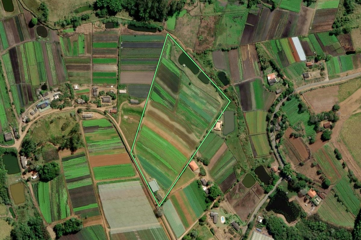 Imagem de satélite do imóvel rural em Biritiba Mirim (SP), com o contorno declarado no CAR desenhado por cima.