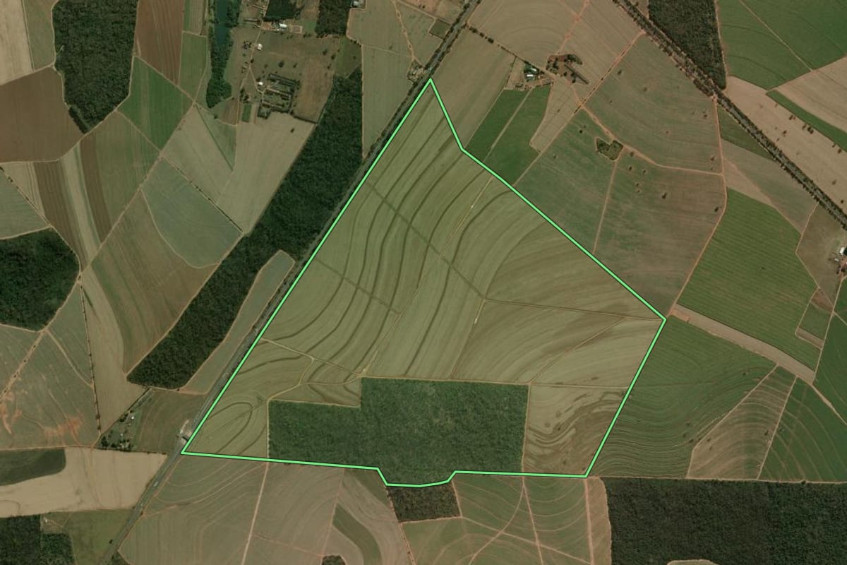 Imagem de satélite do imóvel rural em Boa Esperança do Sul (SP), com o contorno declarado no CAR desenhado por cima.