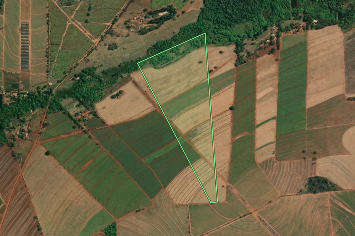 Imagem de satélite do imóvel rural em Boa Esperança do Sul (SP), com o contorno declarado no CAR desenhado por cima.