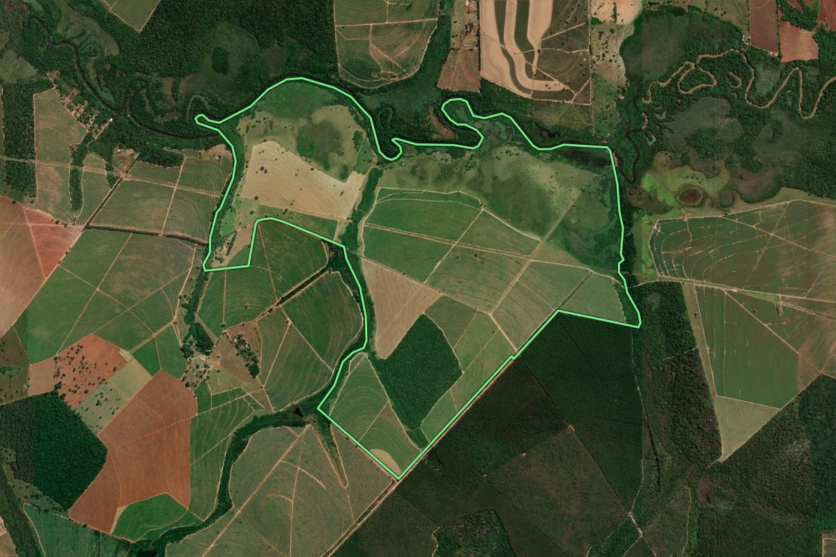 Imagem de satélite do imóvel rural em Boa Esperança do Sul (SP), com o contorno declarado no CAR desenhado por cima.