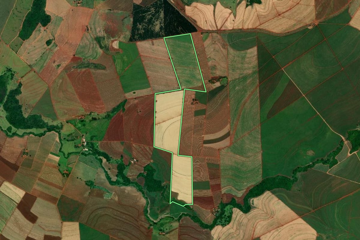 Imagem de satélite do imóvel rural em Bocaina (SP), com o contorno declarado no CAR desenhado por cima.