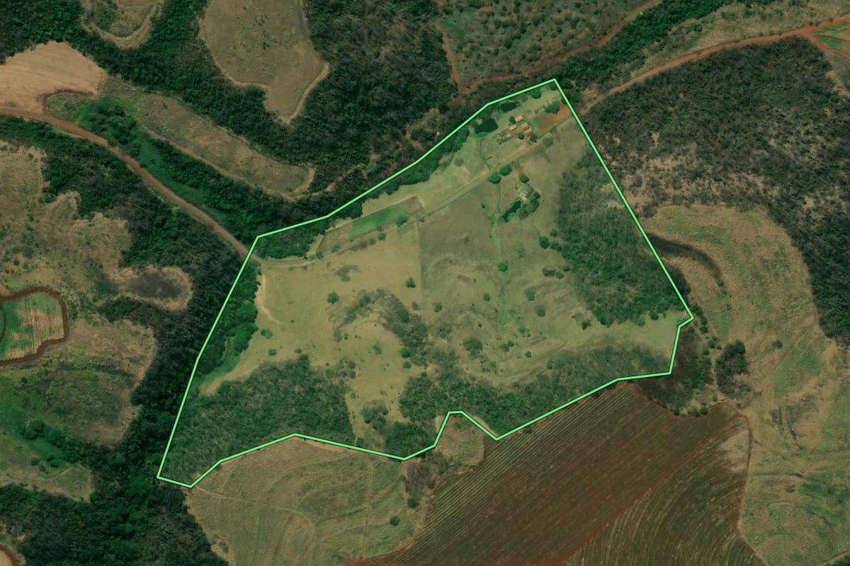 Imagem de satélite do imóvel rural em Bocaina (SP), com o contorno declarado no CAR desenhado por cima.
