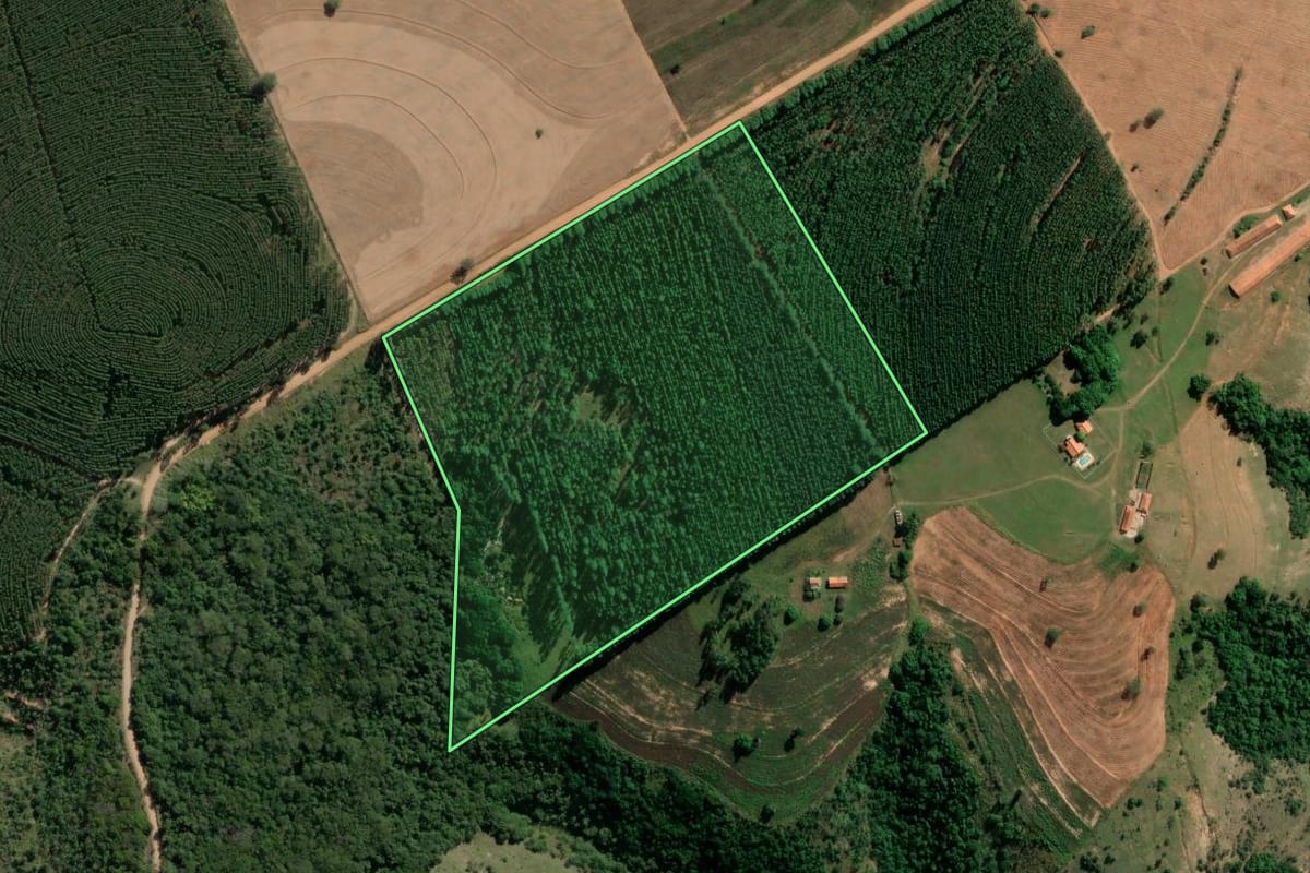 Imagem de satélite do imóvel rural em Bofete (SP), com o contorno declarado no CAR desenhado por cima.