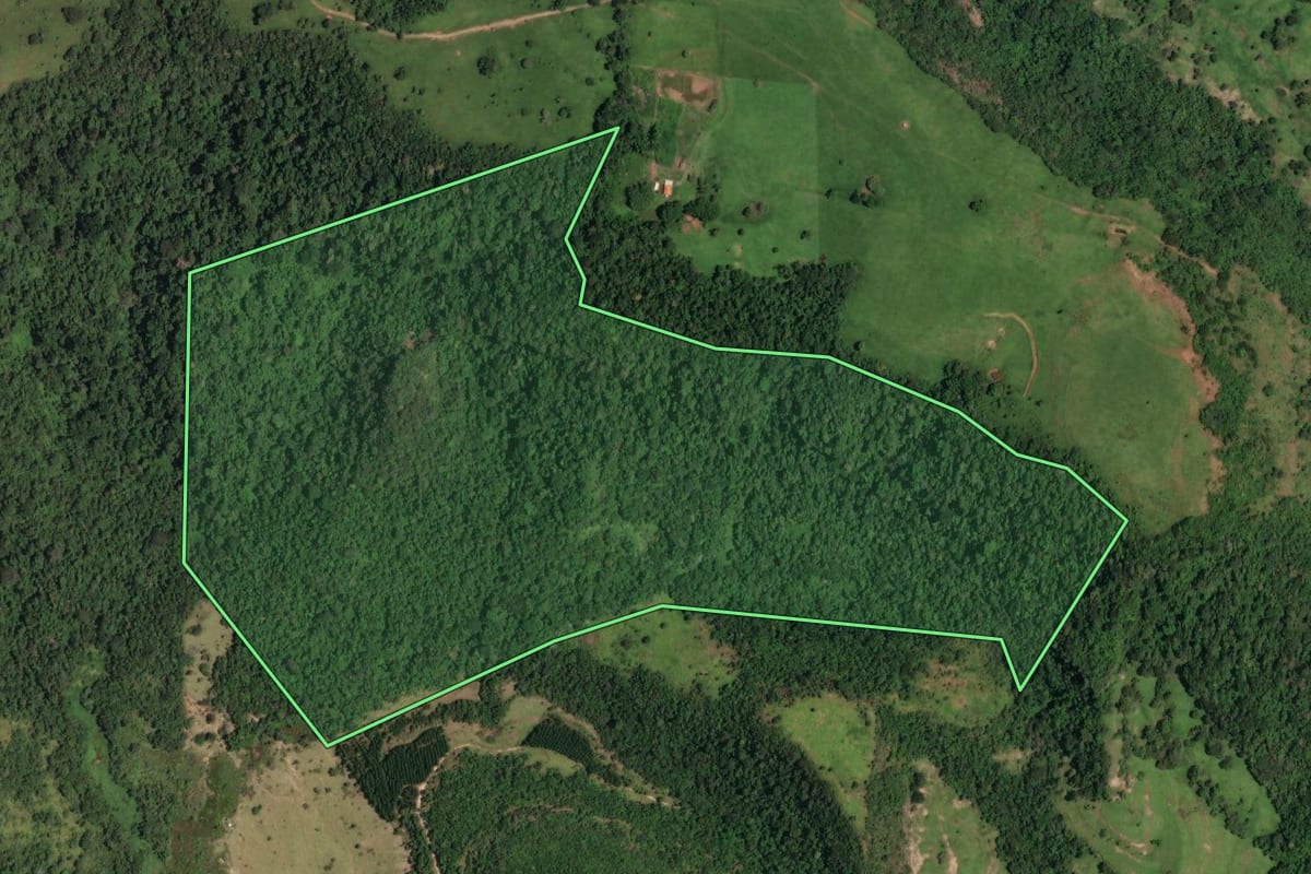 Imagem de satélite do imóvel rural em Bofete (SP), com o contorno declarado no CAR desenhado por cima.