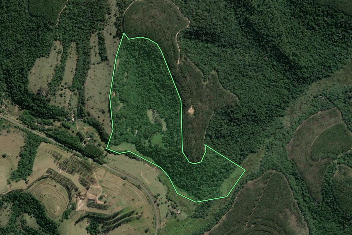 Imagem de satélite do imóvel rural em Bofete (SP), com o contorno declarado no CAR desenhado por cima.