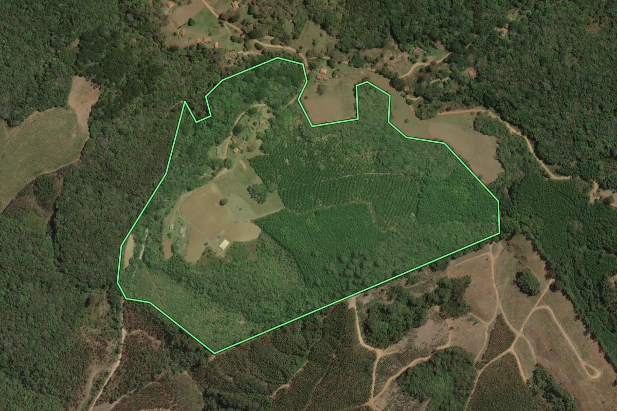 Imagem de satélite do imóvel rural em Bom Sucesso de Itararé (SP), com o contorno declarado no CAR desenhado por cima.