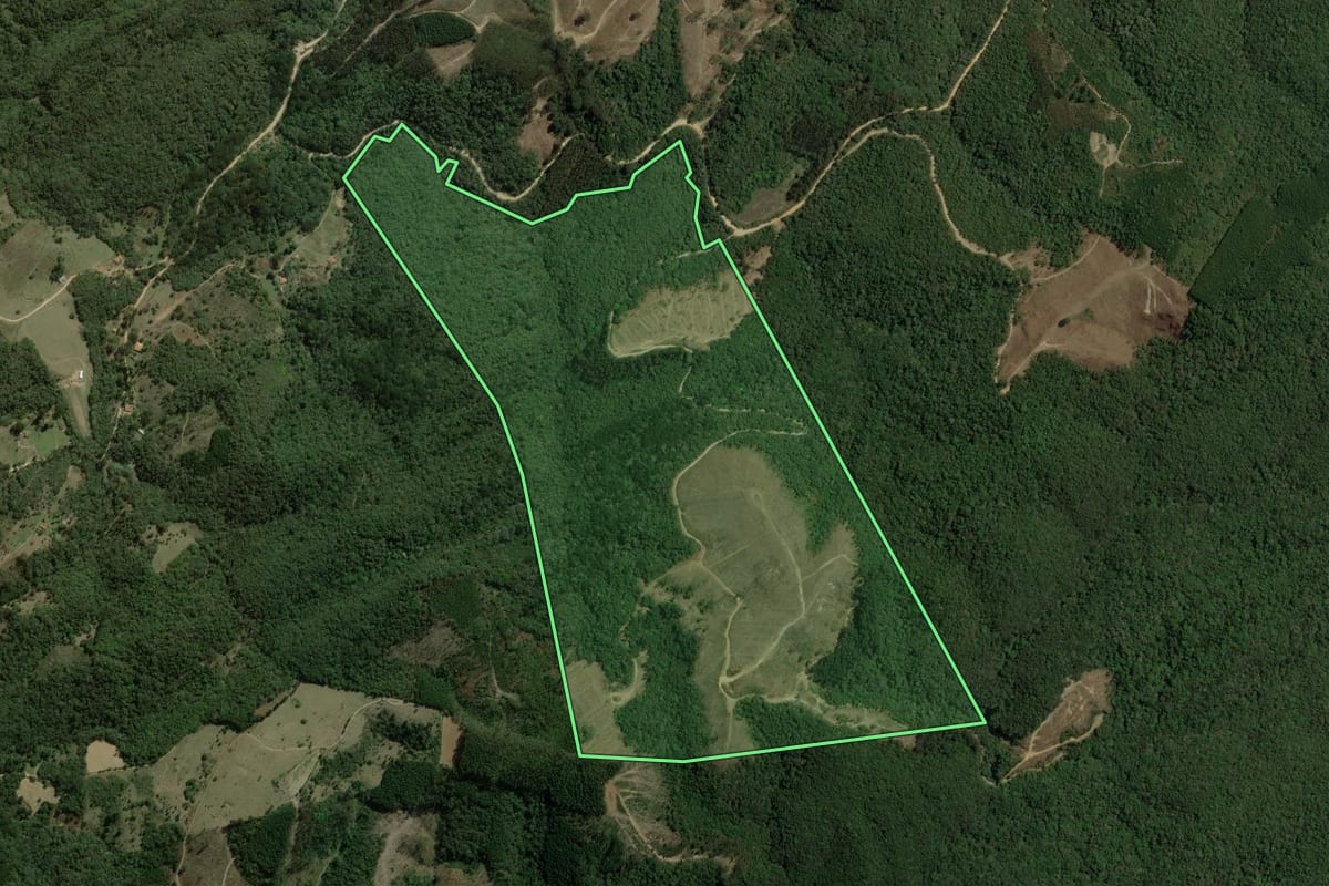 Imagem de satélite do imóvel rural em Bom Sucesso de Itararé (SP), com o contorno declarado no CAR desenhado por cima.