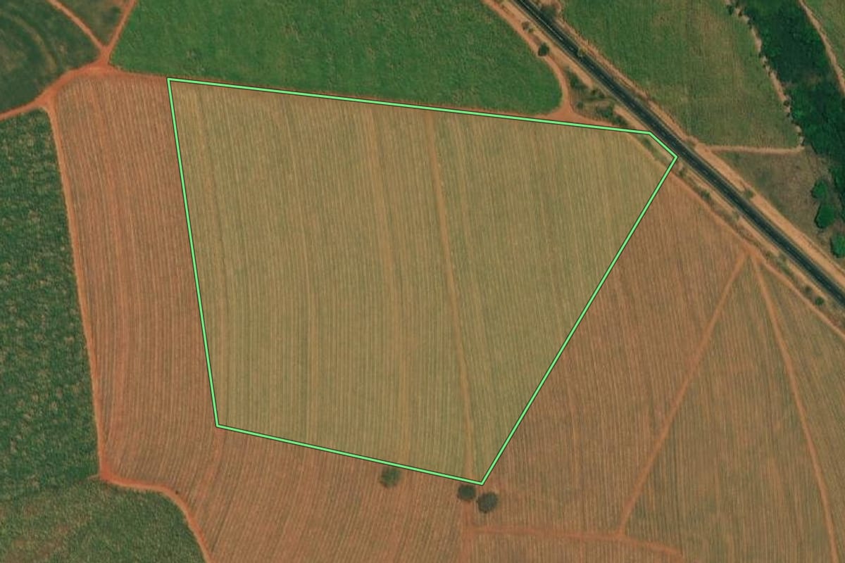 Imagem de satélite do imóvel rural em Borborema (SP), com o contorno declarado no CAR desenhado por cima.