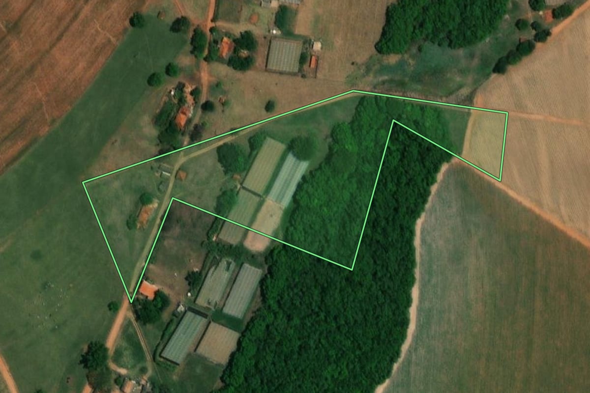 Imagem de satélite do imóvel rural em Borborema (SP), com o contorno declarado no CAR desenhado por cima.