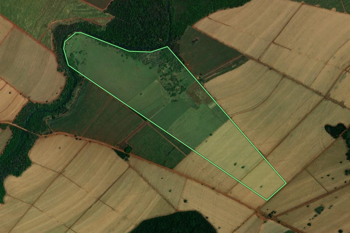 Imagem de satélite do imóvel rural em Itápolis (SP), com o contorno declarado no CAR desenhado por cima.