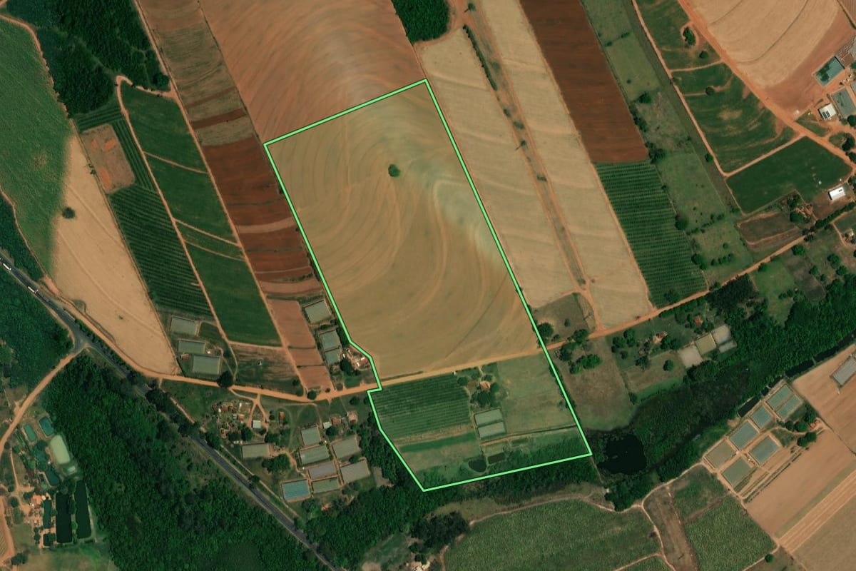 Imagem de satélite do imóvel rural em Borborema (SP), com o contorno declarado no CAR desenhado por cima.