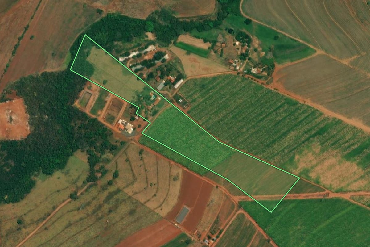 Imagem de satélite do imóvel rural em Borborema (SP), com o contorno declarado no CAR desenhado por cima.