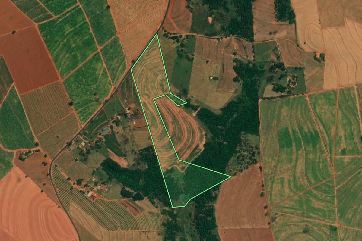Imagem de satélite do imóvel rural em Borborema (SP), com o contorno declarado no CAR desenhado por cima.