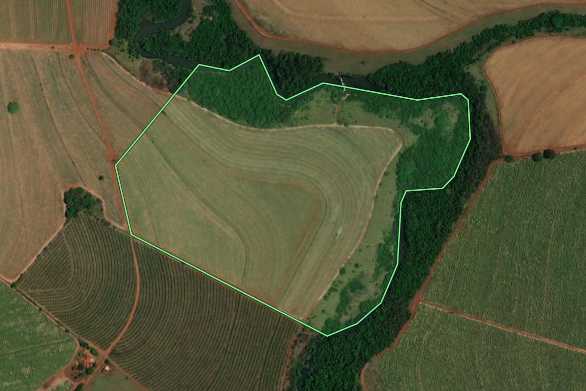 Imagem de satélite do imóvel rural em Borborema (SP), com o contorno declarado no CAR desenhado por cima.