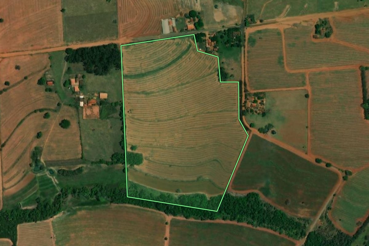 Imagem de satélite do imóvel rural em Borborema (SP), com o contorno declarado no CAR desenhado por cima.
