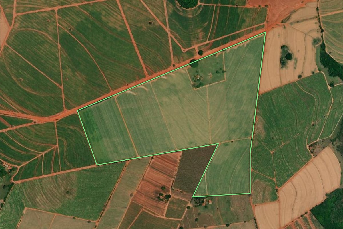 Imagem de satélite do imóvel rural em Borborema (SP), com o contorno declarado no CAR desenhado por cima.