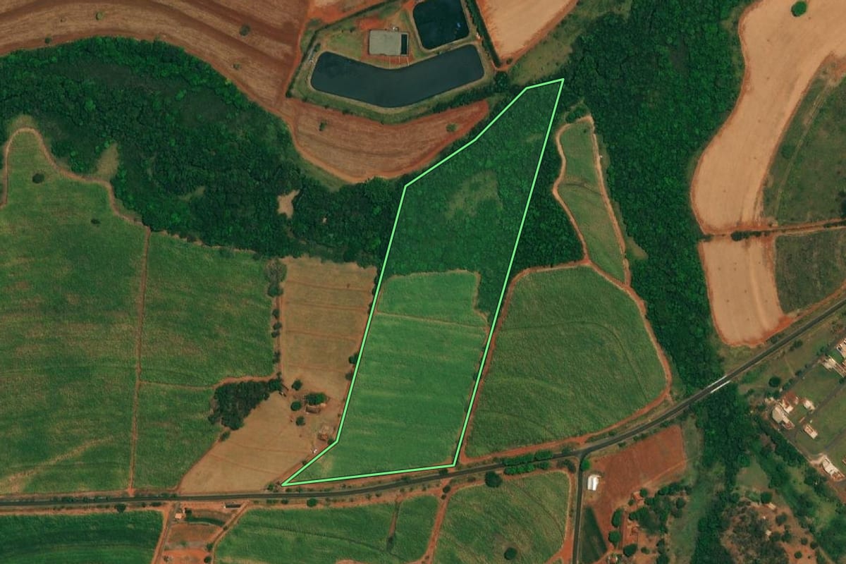 Imagem de satélite do imóvel rural em Borborema (SP), com o contorno declarado no CAR desenhado por cima.