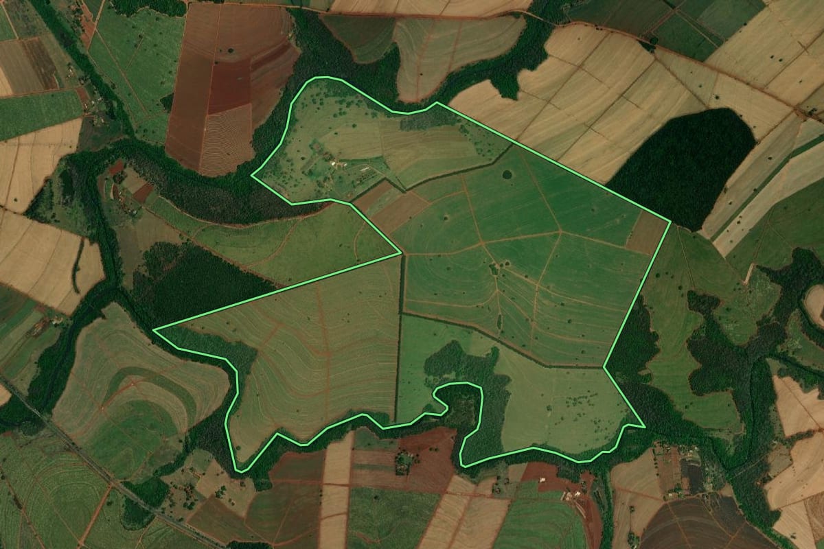 Imagem de satélite do imóvel rural em Borborema (SP), com o contorno declarado no CAR desenhado por cima.