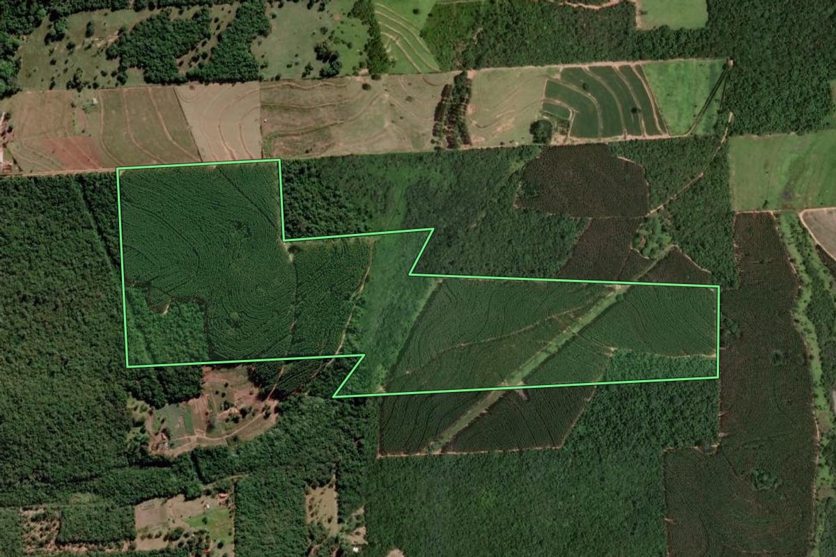 Imagem de satélite do imóvel rural em Borebi (SP), com o contorno declarado no CAR desenhado por cima.