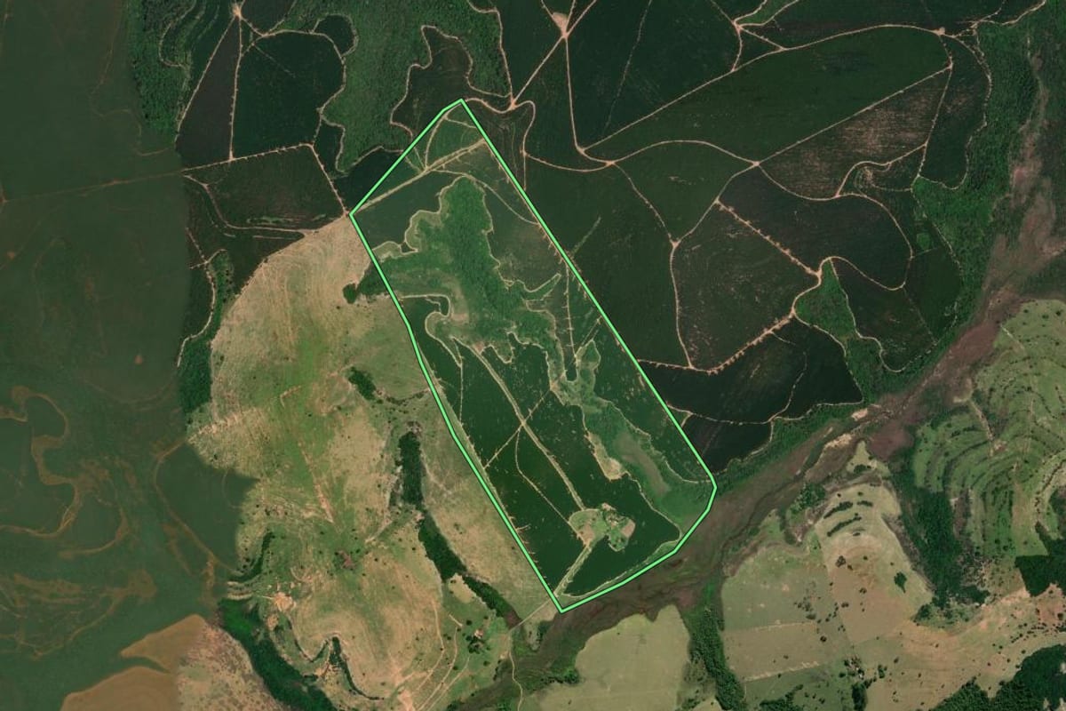 Imagem de satélite do imóvel rural em Botucatu (SP), com o contorno declarado no CAR desenhado por cima.