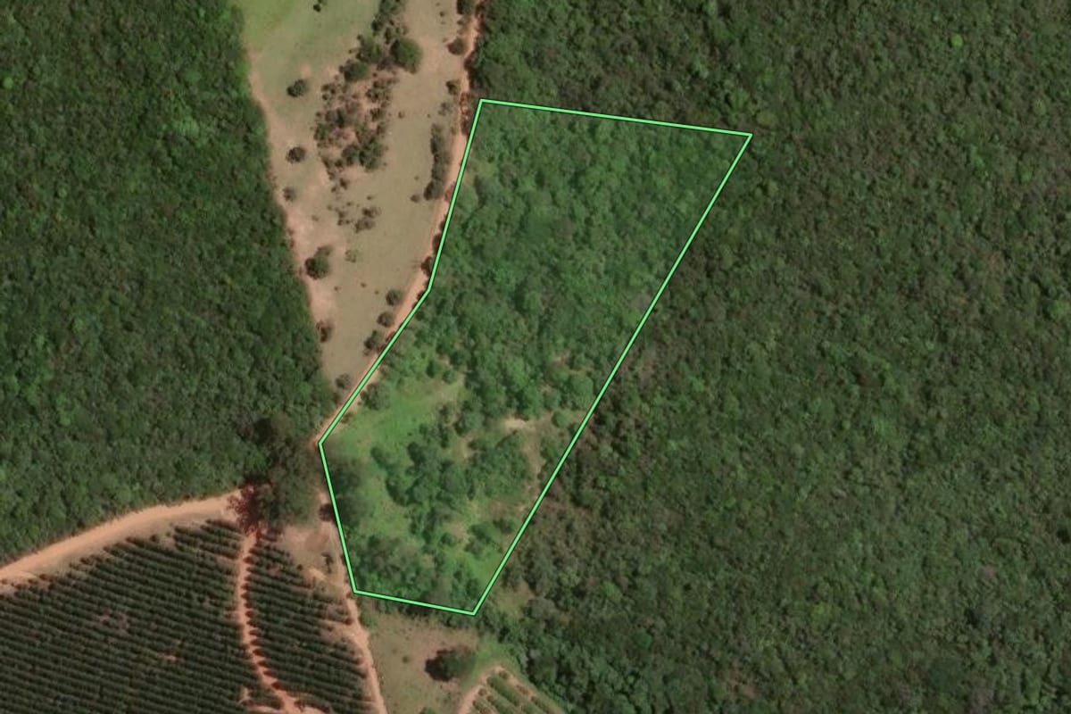 Imagem de satélite do imóvel rural em Botucatu (SP), com o contorno declarado no CAR desenhado por cima.