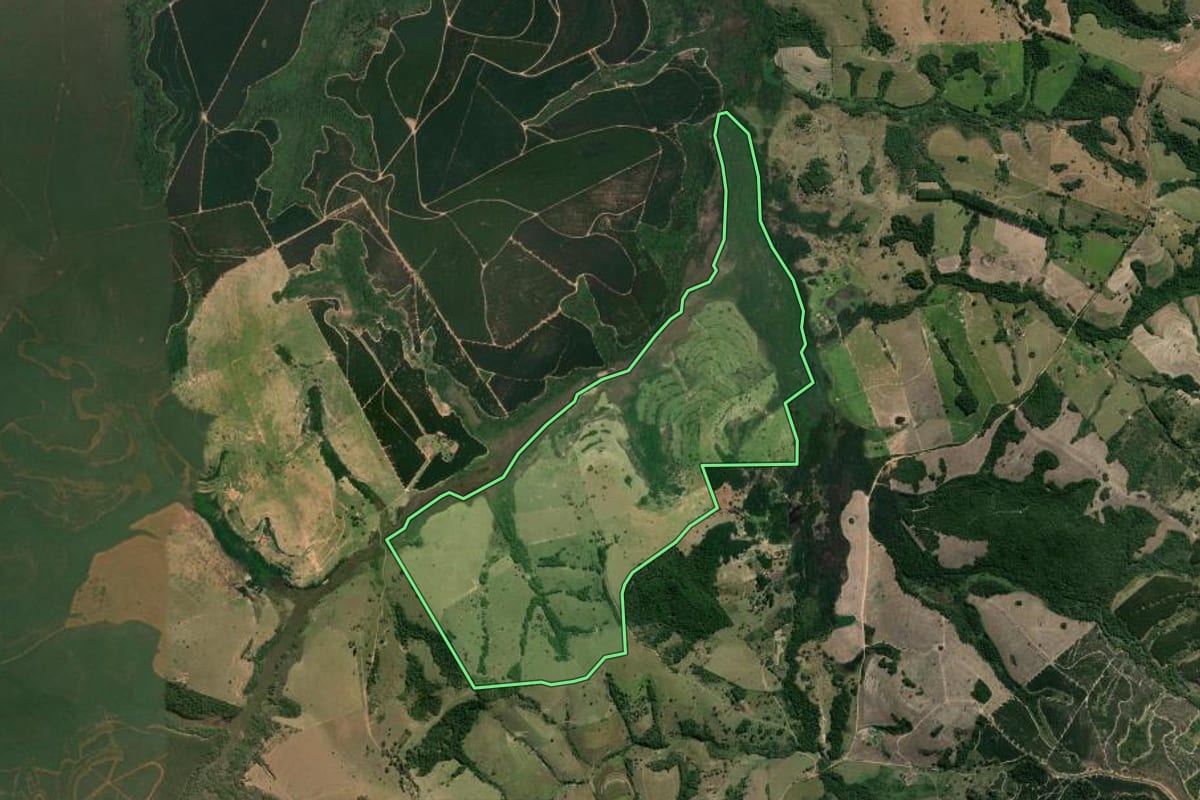 Imagem de satélite do imóvel rural em Botucatu (SP), com o contorno declarado no CAR desenhado por cima.