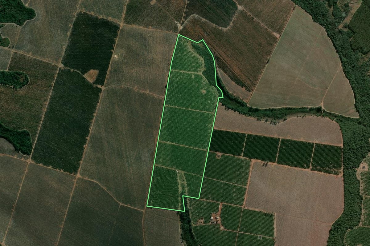 Imagem de satélite do imóvel rural em Botucatu (SP), com o contorno declarado no CAR desenhado por cima.