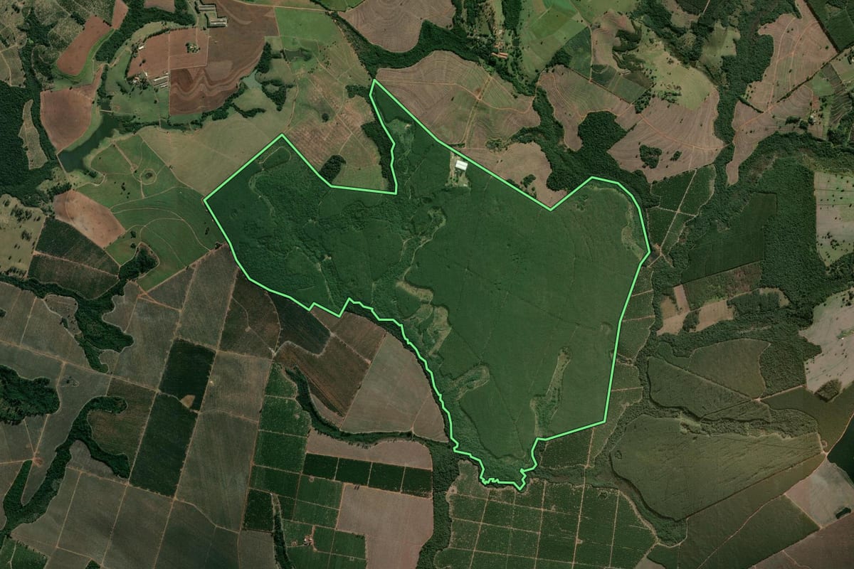 Imagem de satélite do imóvel rural em Botucatu (SP), com o contorno declarado no CAR desenhado por cima.