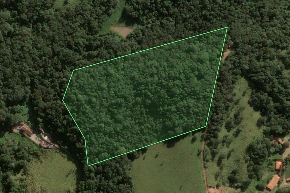 Imagem de satélite do imóvel rural em Bragança Paulista (SP), com o contorno declarado no CAR desenhado por cima.