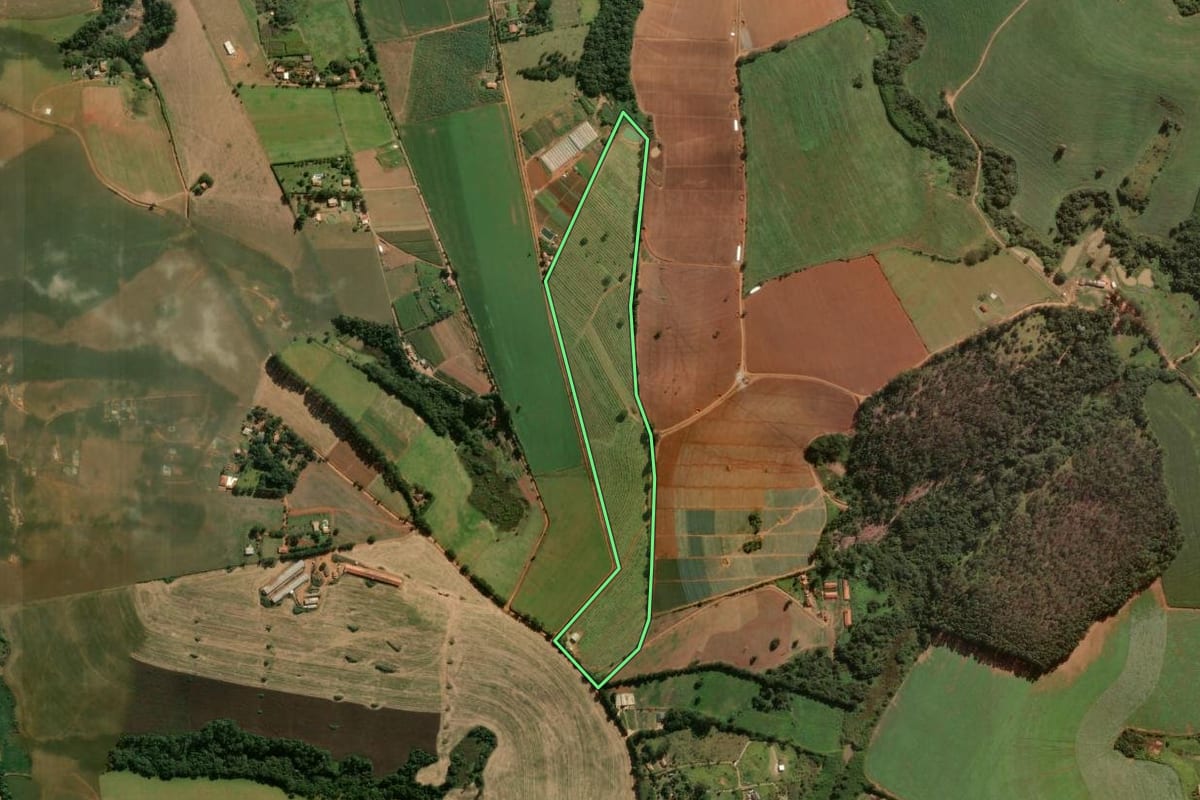Imagem de satélite do imóvel rural em Bragança Paulista (SP), com o contorno declarado no CAR desenhado por cima.