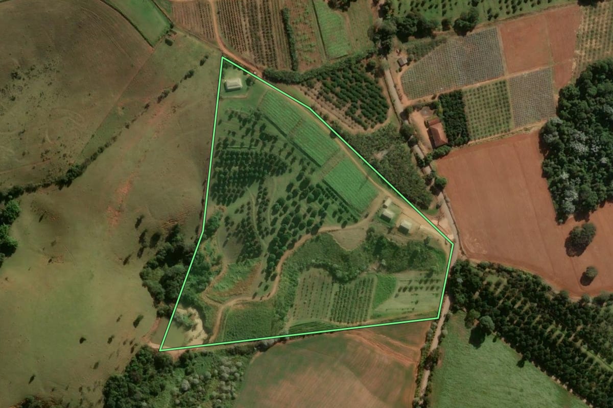 Imagem de satélite do imóvel rural em Bragança Paulista (SP), com o contorno declarado no CAR desenhado por cima.