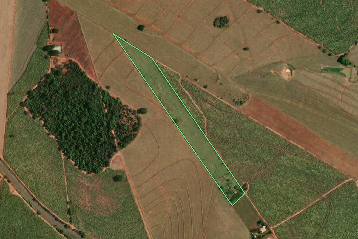 Imagem de satélite do imóvel rural em Braúna (SP), com o contorno declarado no CAR desenhado por cima.